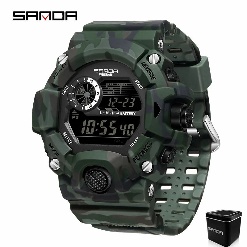 SANDA 2183 Relógio eletrónico Moda militar camuflada à prova de água ao ar livre Desporto Digital Display Bracelete de silicone Relógios de pulso para homem