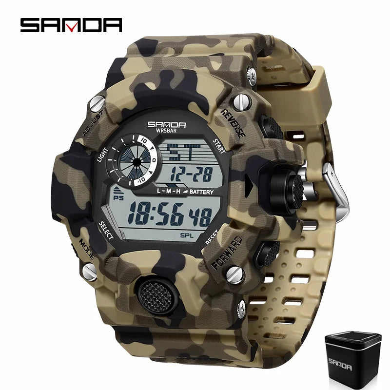 SANDA 2183 Relógio eletrónico Moda militar camuflada à prova de água ao ar livre Desporto Digital Display Bracelete de silicone Relógios de pulso para homem