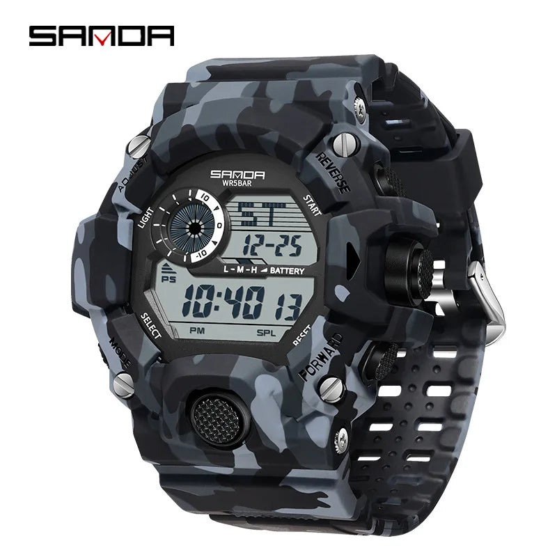 SANDA 2183 Relógio eletrónico Moda militar camuflada à prova de água ao ar livre Desporto Digital Display Bracelete de silicone Relógios de pulso para homem