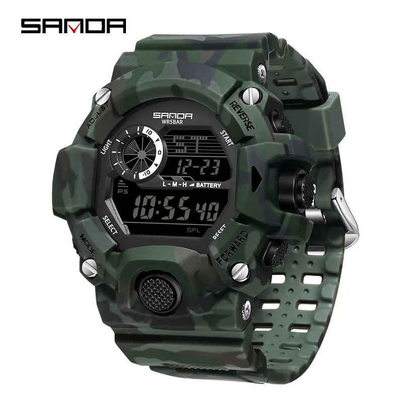 SANDA 2183 Relógio eletrónico Moda militar camuflada à prova de água ao ar livre Desporto Digital Display Bracelete de silicone Relógios de pulso para homem