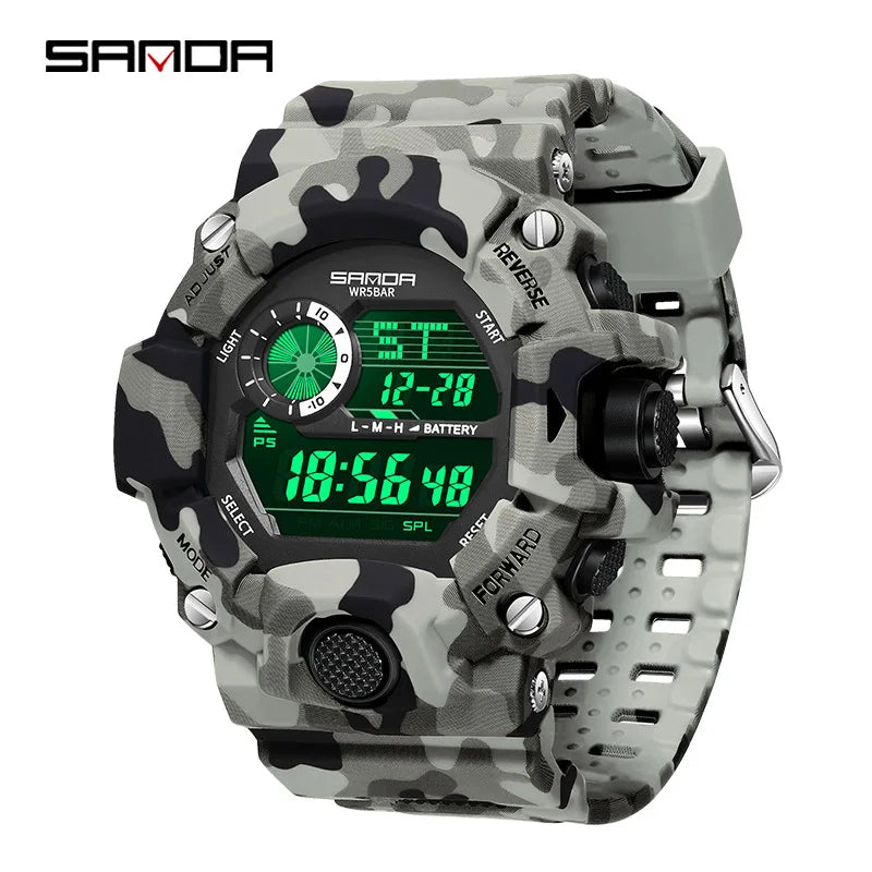 SANDA 2183 Relógio eletrónico Moda militar camuflada à prova de água ao ar livre Desporto Digital Display Bracelete de silicone Relógios de pulso para homem