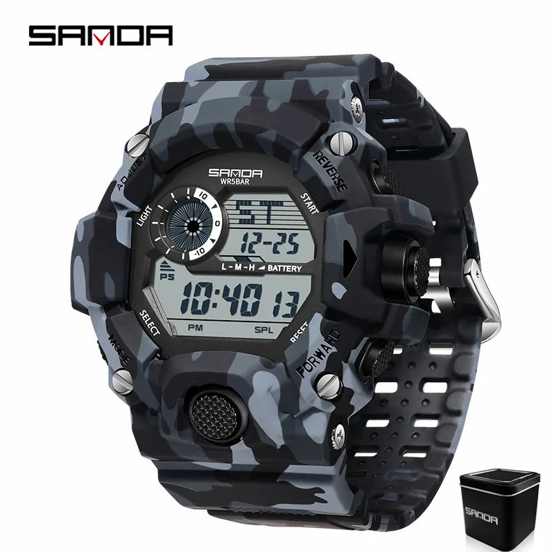 SANDA 2183 Relógio eletrónico Moda militar camuflada à prova de água ao ar livre Desporto Digital Display Bracelete de silicone Relógios de pulso para homem