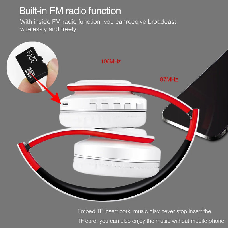 fone de ouvido  Bluetooth  sem fios , estéreo dobráveis para desporto Microfone Auscultador sem mãos Leitor de MP3