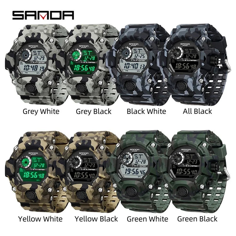 SANDA 2183 Relógio eletrónico Moda militar camuflada à prova de água ao ar livre Desporto Digital Display Bracelete de silicone Relógios de pulso para homem