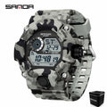 SANDA 2183 Relógio eletrónico Moda militar camuflada à prova de água ao ar livre Desporto Digital Display Bracelete de silicone Relógios de pulso para homem