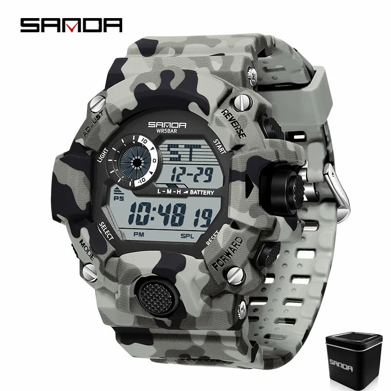 SANDA 2183 Relógio eletrónico Moda militar camuflada à prova de água ao ar livre Desporto Digital Display Bracelete de silicone Relógios de pulso para homem