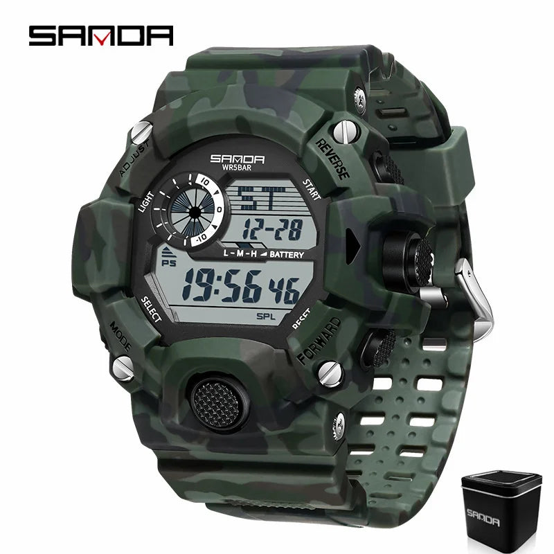 SANDA 2183 Relógio eletrónico Moda militar camuflada à prova de água ao ar livre Desporto Digital Display Bracelete de silicone Relógios de pulso para homem