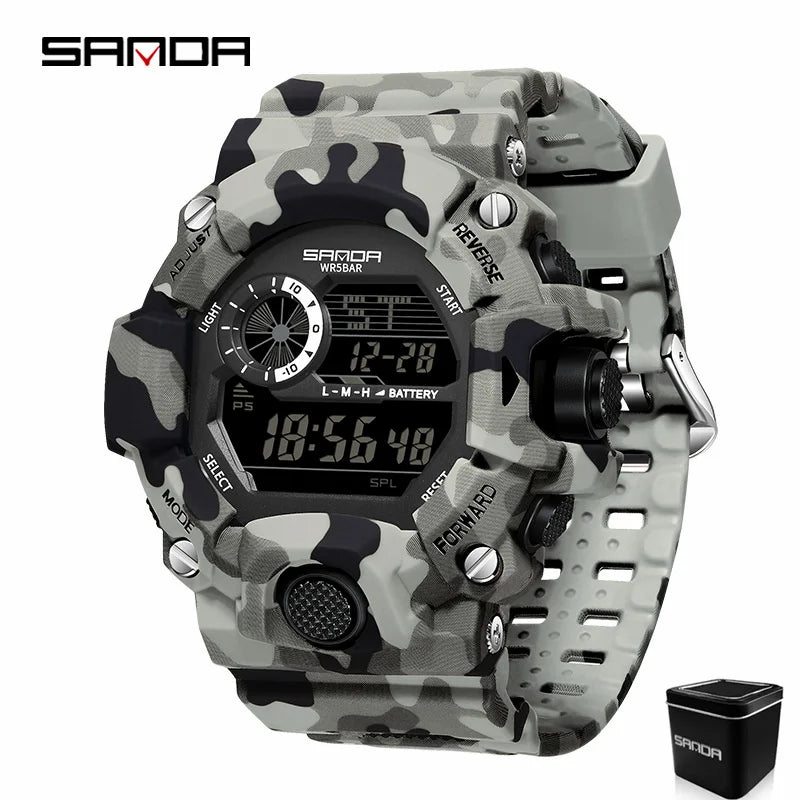SANDA 2183 Relógio eletrónico Moda militar camuflada à prova de água ao ar livre Desporto Digital Display Bracelete de silicone Relógios de pulso para homem