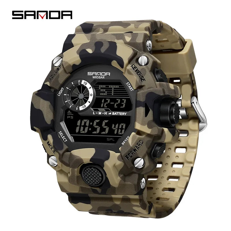 SANDA 2183 Relógio eletrónico Moda militar camuflada à prova de água ao ar livre Desporto Digital Display Bracelete de silicone Relógios de pulso para homem
