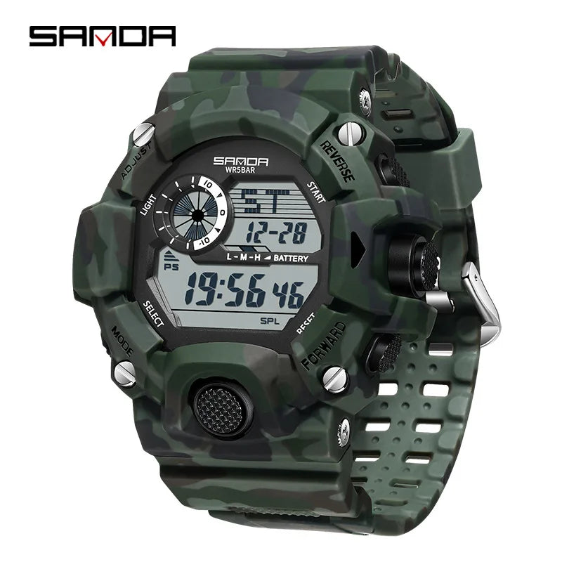 SANDA 2183 Relógio eletrónico Moda militar camuflada à prova de água ao ar livre Desporto Digital Display Bracelete de silicone Relógios de pulso para homem