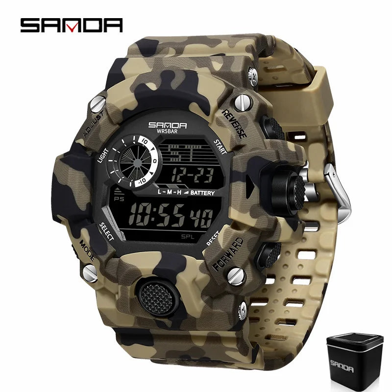 SANDA 2183 Relógio eletrónico Moda militar camuflada à prova de água ao ar livre Desporto Digital Display Bracelete de silicone Relógios de pulso para homem