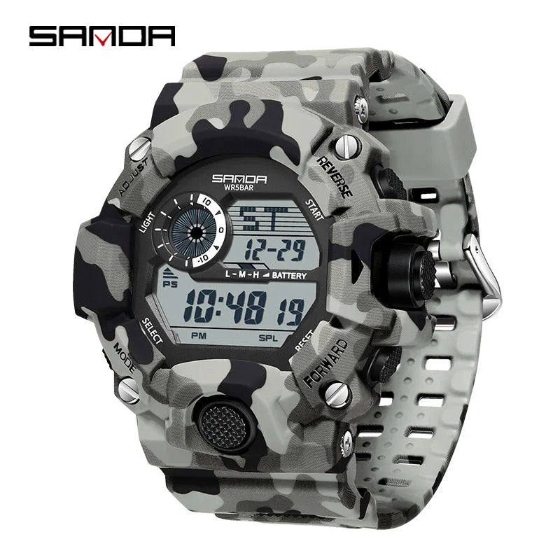 SANDA 2183 Relógio eletrónico Moda militar camuflada à prova de água ao ar livre Desporto Digital Display Bracelete de silicone Relógios de pulso para homem