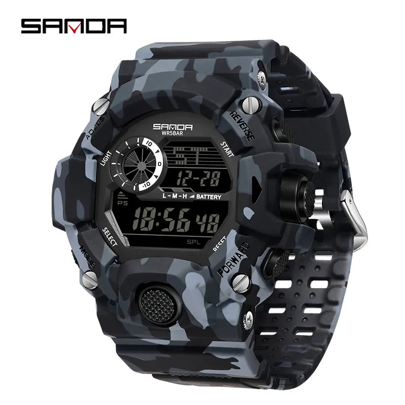 SANDA 2183 Relógio eletrónico Moda militar camuflada à prova de água ao ar livre Desporto Digital Display Bracelete de silicone Relógios de pulso para homem