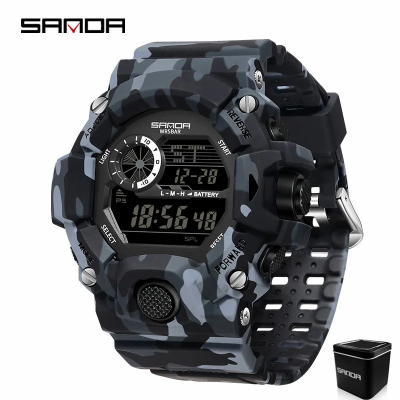 SANDA 2183 Relógio eletrónico Moda militar camuflada à prova de água ao ar livre Desporto Digital Display Bracelete de silicone Relógios de pulso para homem