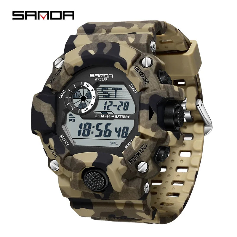 SANDA 2183 Relógio eletrónico Moda militar camuflada à prova de água ao ar livre Desporto Digital Display Bracelete de silicone Relógios de pulso para homem